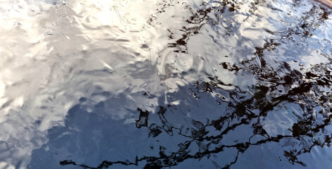Reflection in icy water. Optical distortion of trees and blue sky with clouds, winter mood for background. Selective focus