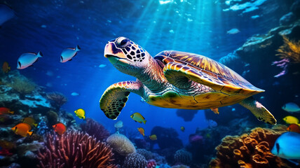 Fototapeta na wymiar illustration of a sea turtle near the reefs