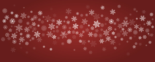 Naklejka na ściany i meble Christmas snowflakes red background. Winter gold snow falling minimal decoration, greeting card. Noel subtle backdrop. Vector illustration
