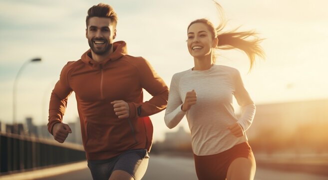 Energetic Duo: Fitness Couple Embracing Healthy Runs Outdoors. Generative ai