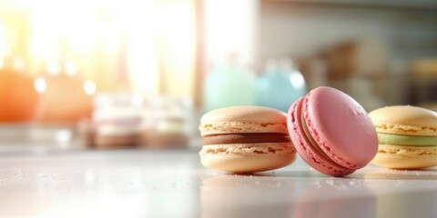 Banner macarons cookies, different colors, blurred background, colourful macaroons bisquits close-up.