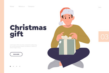 Christmas gifts landing page design template with happy teenager character opening present box