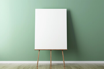 An easel with a blank white canvas stands in an empty minimalist room with empty sage green wall. Background for mockups. - Powered by Adobe