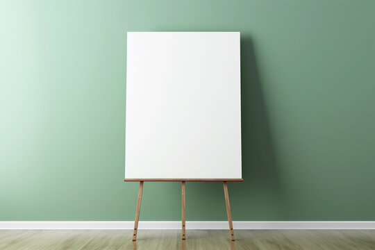 An easel with a blank white canvas stands in an empty minimalist room with empty sage green wall. Background for mockups.
