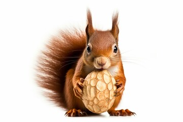Red squirrel holding hazel nut, looking at camera, isolated on white background. Generative AI - obrazy, fototapety, plakaty