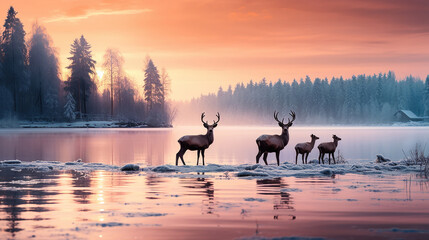 paesaggio alpino finlandese all'alba, con alci e cuccioli , ghiaccio e neve, atmosfera idilliaca, lunga esposizione  - obrazy, fototapety, plakaty
