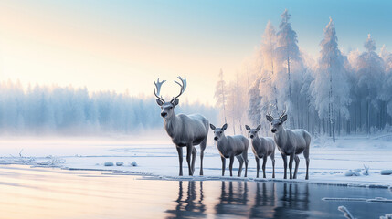 paesaggio alpino finlandese all'alba, con alci e cuccioli , ghiaccio e neve, atmosfera idilliaca, lunga esposizione  - obrazy, fototapety, plakaty