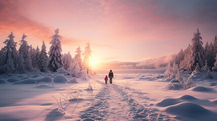 paesaggio alpino finlandese con albero ghiacciato all'alba, lunga esposizione, colori tenui, sensazione magica di inverno romantico