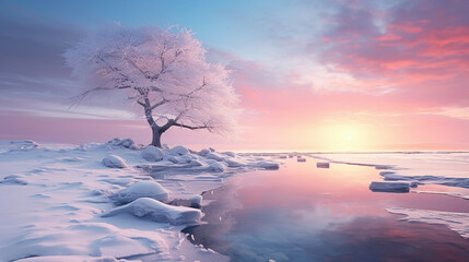 paesaggio alpino finlandese con albero ghiacciato all'alba, lunga esposizione, colori tenui, sensazione magica di inverno romantico