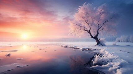 paesaggio alpino finlandese con albero ghiacciato all'alba, lunga esposizione, colori tenui, sensazione magica di inverno romantico - obrazy, fototapety, plakaty