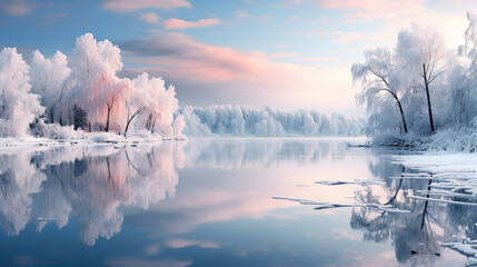 paesaggio alpino finlandese con albero ghiacciato all'alba, lunga esposizione, colori tenui,...