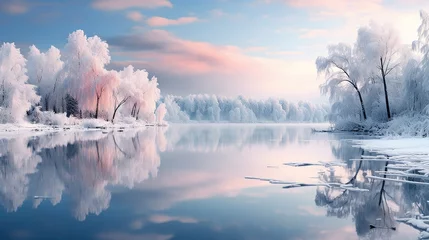 Foto op Plexiglas paesaggio alpino finlandese con albero ghiacciato all'alba, lunga esposizione, colori tenui, sensazione magica di inverno romantico © garpinina