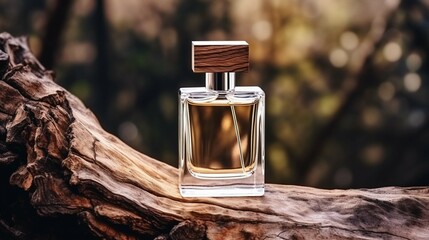 Woody fragrance. Perfume spray bottle on wooden tree bark as background. Transparent glass cologne aroma template. Woody notes of perfume. Luxury product package closeup. Minimal nature spa concept 