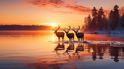paesaggio alpino finlandese all'alba, con alci e cuccioli , ghiaccio e neve, atmosfera idilliaca, lunga esposizione 