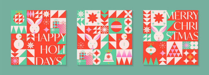 Christmas and Happy New Year greeting card templates.Festive vector backgrounds in flat modern style with traditional winter holiday symbols.Xmas pattern designs for branding,invitations,prints,smm - obrazy, fototapety, plakaty