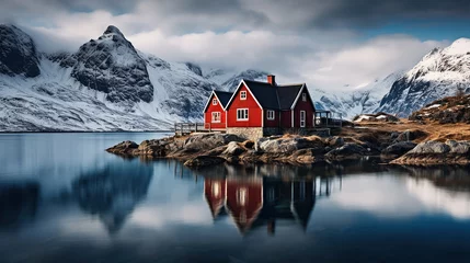 Muurstickers  tranquillo paesaggio simmetrico con una casetta rossa in stile norvegese su un lago, lunga esposizione © garpinina