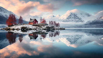  tranquillo paesaggio simmetrico con una casetta rossa in stile norvegese su un lago, lunga...