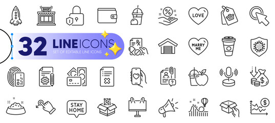 Outline set of Coronavirus, Dog feeding and Stay home line icons for web with Shop, Money, Search employee thin icon. Loan percent, Microphone, Reject file pictogram icon. Lock. Vector