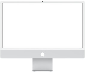 Realistic mockups of the new iMac 24 inch blank screen monoblock  personal computer made by Apple Computers, transparent screen, silver color on an isolated white background. Apple iMac 24