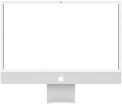 Realistic mockups of the new iMac 24 inch blank screen monoblock  personal computer made by Apple Computers, transparent screen, silver color on an isolated white background. Apple iMac 24". PNG image