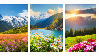 Collage of four seasons landscapes. Set of vertical pictures of nature background arranged in panoramic view. Wonderful outdoor scene of majestic mountains, green meadows and blooming flowers