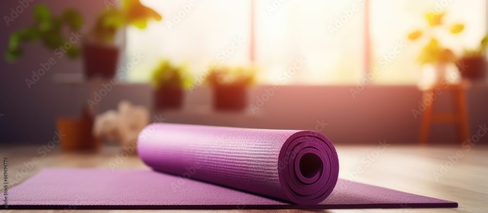 Poster Woman with purple mat after home workout in living room promoting healthy lifestyle and fitness