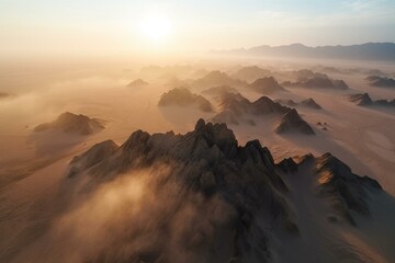 A breathtaking aerial view of a majestic and colorful rocky desert with towering rock formations and giant sandstorms during the morning, exuding a touch of fantasy and capturing. Generative AI