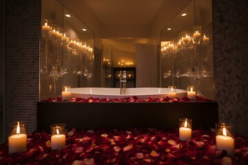 Intimate restroom adorned with rose petals and lit by candles. Generative AI