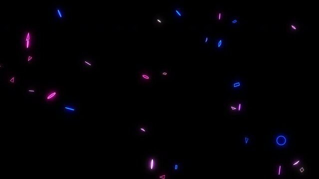 Abstract animated background of 3D neon shapes circles and square randomly slow rotating around center, 4K animated template
