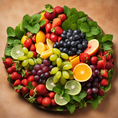 Naklejka na ściany i meble Top view of various fruit on plate, generative ai illustration