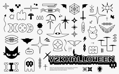 Halloween set of black and white icons. Vector objects in Y2K style.