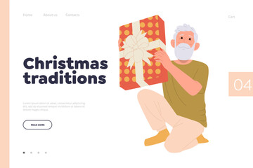 Christmas traditions landing page design template with happy senior man character opening gift box