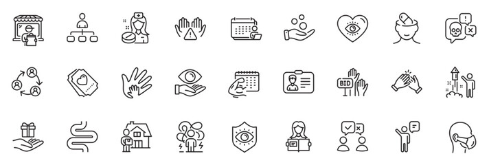 Icons pack as Depression treatment, Agent and Medical mask line icons for app include Delivery market, Cyber attack, Nurse outline thin icon web set. Difficult stress, Management. Vector