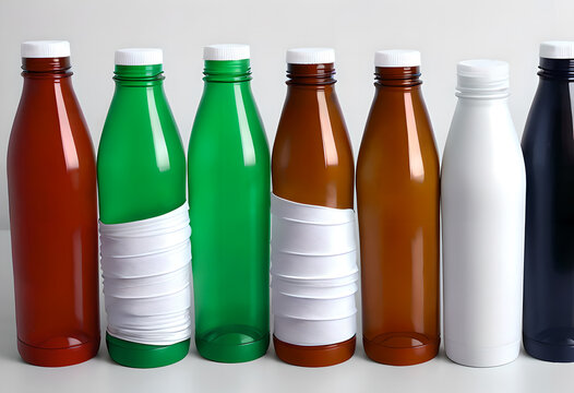 A set of creative plastic and glass bottles, ecology theme, Generative AI