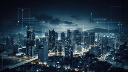 Artificial intelligence, a concept of a Dark Big city skyline Buildings, Big data connected devices, Science and Ai Internet technology industry, scientist, Ai concept, generative ai