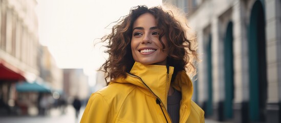 Smiling woman in a yellow jacket walks down the street