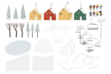 Set of Winter snowy landscape clipart, scene background vector illustration, forest scenery wall art print, mountain village printable poster, winter season digital download card, house flat style