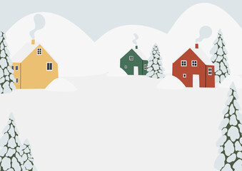 Winter snowy landscape clipart, scene background vector illustration, forest scenery wall art print, mountain village printable poster, winter season digital download card, house flat style images.