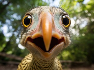 A close-up of the face of a guinea fowl looking at the camera. A bird in a natural environment....