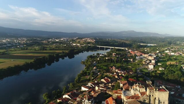 Aerial View Spanish City of Tuí and River Minho with Portuguese City of Valença do Minho in the Background