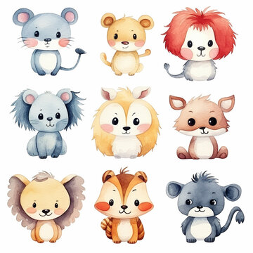 Set of cute funny cartoon animals watercolor paint on white background