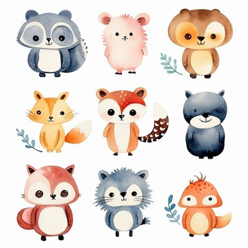 Set of cute funny cartoon animals watercolor paint on white background