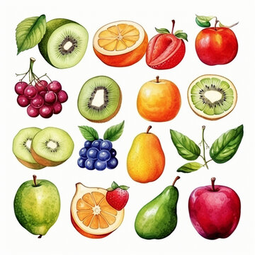 Set of sweet fruits watercolor paint on white background