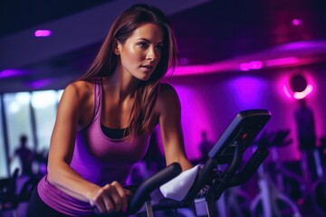 Fototapeta na wymiar Portrait of beautiful woman working out at gym, running on bicycle and doing fitness exercises. healthy concept with LED lights