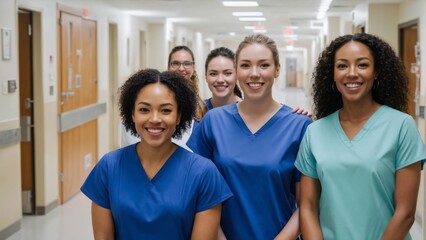 A group of nurses standing inside a hospital hallway