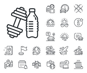 Workout equipment sign. Plane jet, travel map and baggage claim outline icons. Dumbbell with water bottle line icon. Gym fit symbol. Dumbbell line sign. Car rental, taxi transport icon. Vector