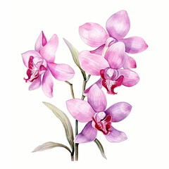 Pink orchid flowers branch watercolor paint on white background