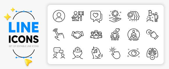 Teamwork, Lungs and Handshake line icons set for app include Heart, Auction, Bitcoin project outline thin icon. Headshot, Employees teamwork, Brain working pictogram icon. Vector
