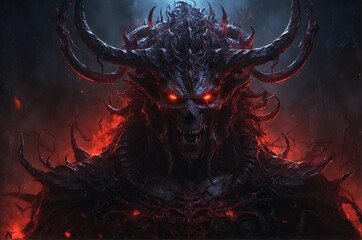 Demon with blood on dark fire background, ai generated - obrazy, fototapety, plakaty