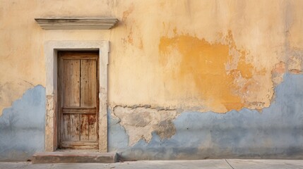 The dilapidated wall of the building and the wooden door require major repairs. Facade of a house with damaged plaster. Photophone for retro shooting. Illustration for cover, card, interior design.